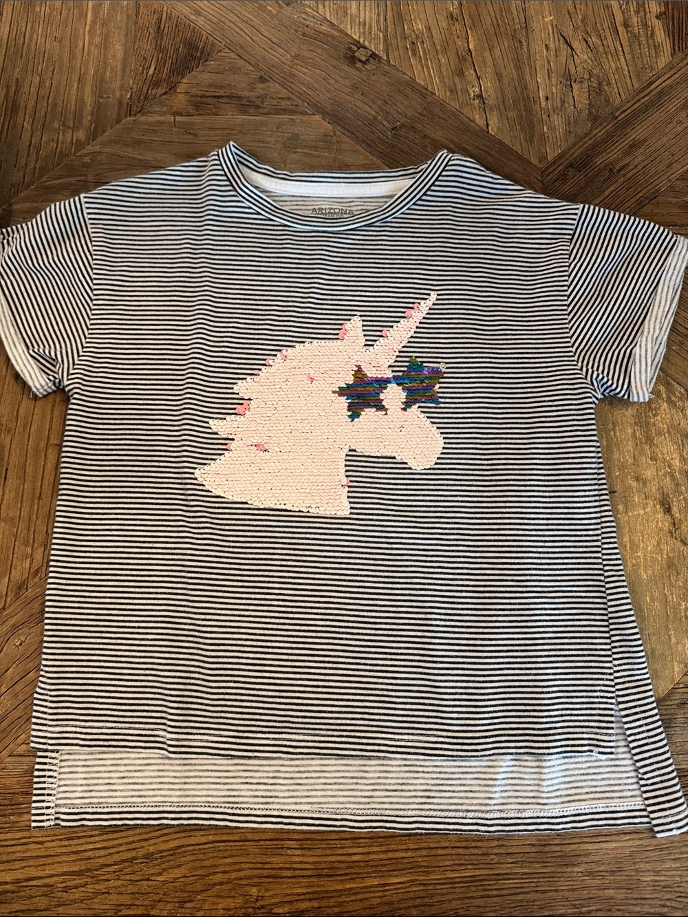 Arizona Jean Company Black & White Striped Kids Unicorn Sequin Tee